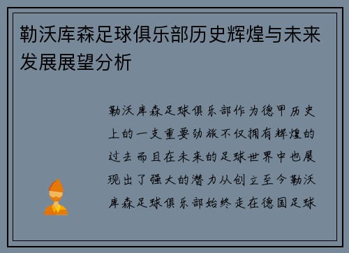 勒沃库森足球俱乐部历史辉煌与未来发展展望分析