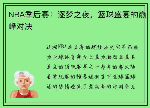 NBA季后赛：逐梦之夜，篮球盛宴的巅峰对决