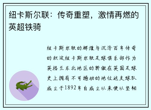 纽卡斯尔联：传奇重塑，激情再燃的英超铁骑