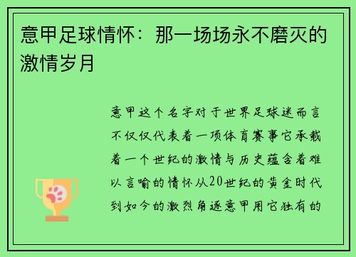 意甲足球情怀：那一场场永不磨灭的激情岁月