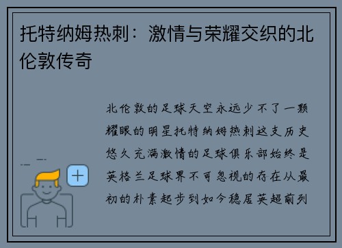 托特纳姆热刺：激情与荣耀交织的北伦敦传奇