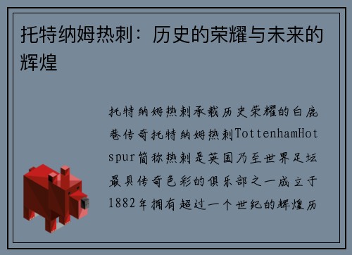 托特纳姆热刺：历史的荣耀与未来的辉煌