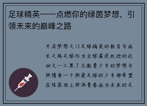 足球精英——点燃你的绿茵梦想，引领未来的巅峰之路