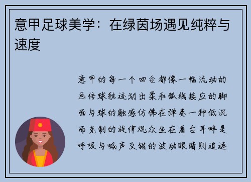 意甲足球美学：在绿茵场遇见纯粹与速度