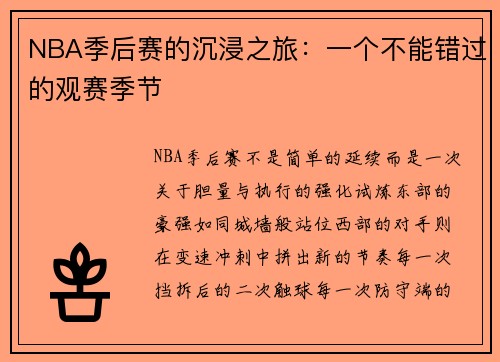 NBA季后赛的沉浸之旅：一个不能错过的观赛季节