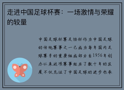 走进中国足球杯赛：一场激情与荣耀的较量
